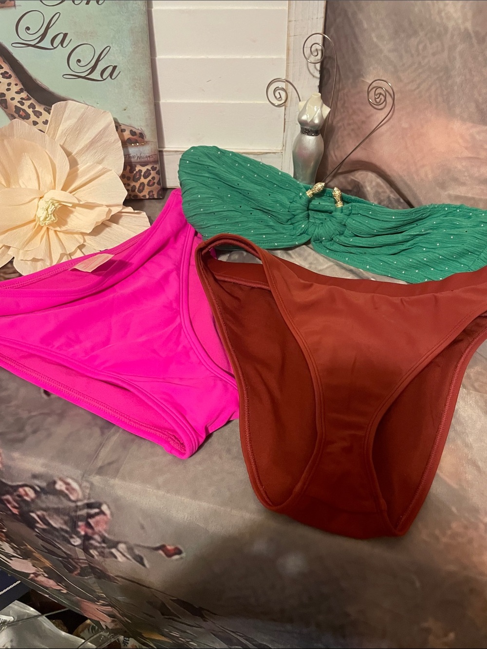 Women's Trio Bikini Bottoms — Hot Pink, Forest Green & Rust